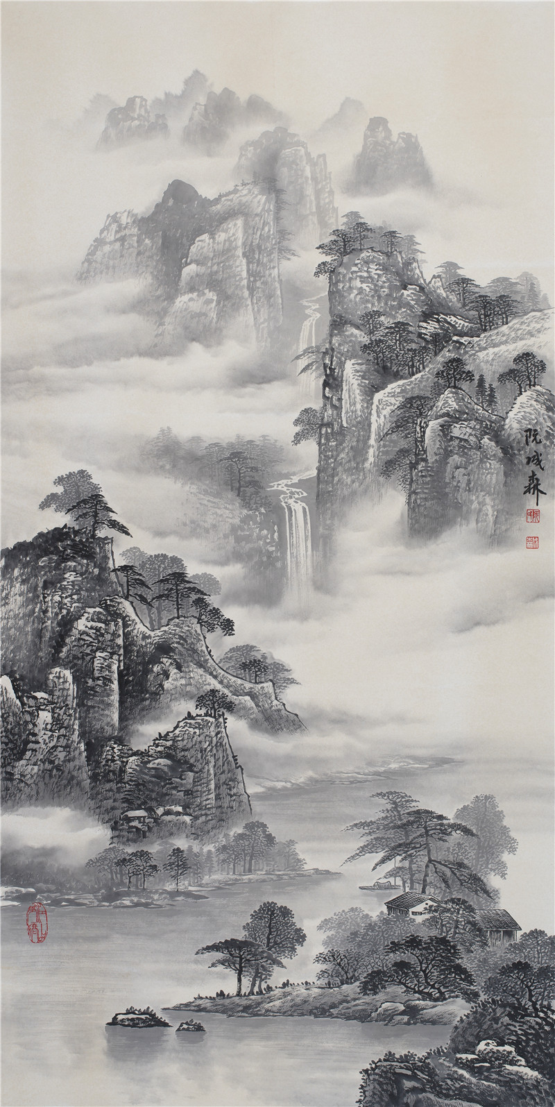 办公室装饰画推荐一: 阮成森老师画面里千峰竞秀,瀑布直下,云雾缭绕